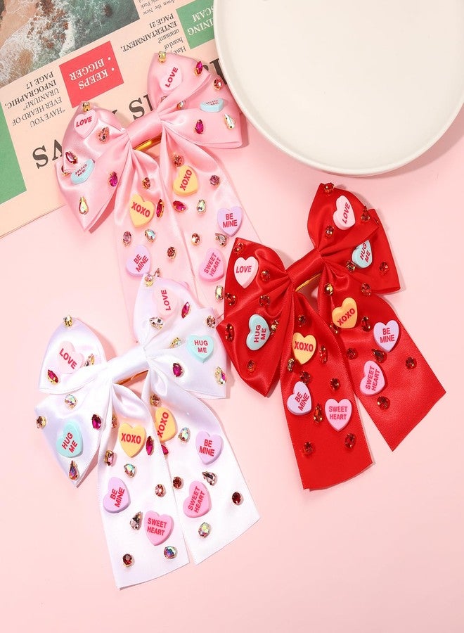 YAHPERN 3PCS Valentine’s Day Hair Bow Clips for Women Conversation Heart Hair Clips Jeweled Crystal Hair Bows Stain Red Pink Hair Ribbon Bow Barrettes Valentine’s Day Outfits Accessories Gifts - Image 2